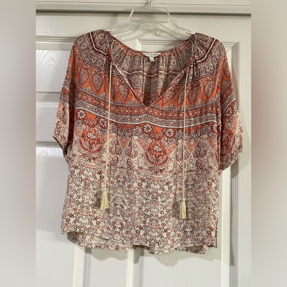 Lucky Brand Printed Kelly‎ Peasant Top Sz XS